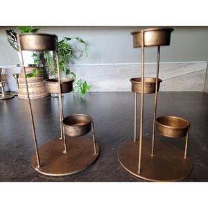 Antiqued Bronze Metal Tiered Tea Light Candle Holders Set of 2 Minimalist Modern